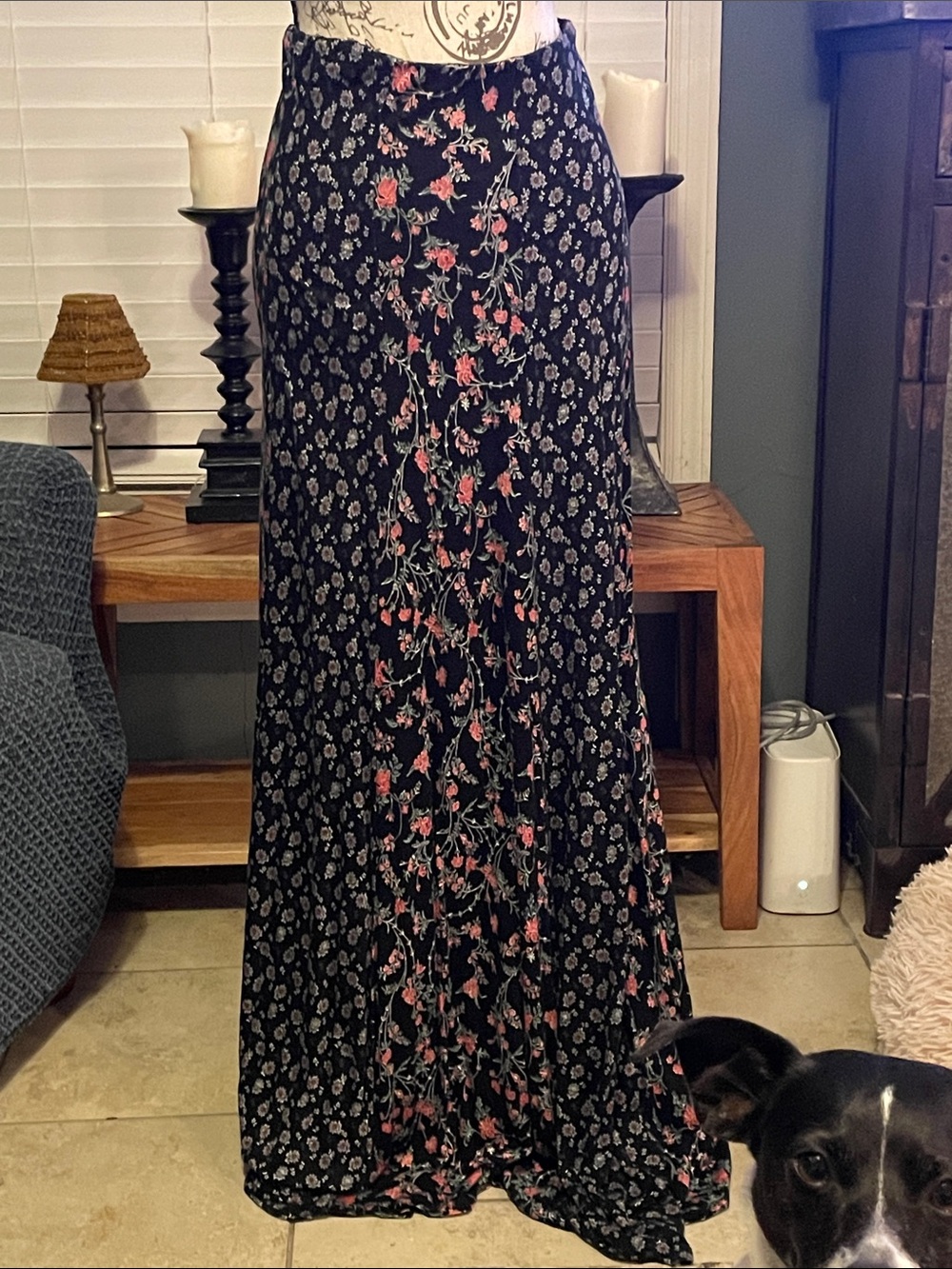 Black Maxi Skirt with Pink Floral Vines